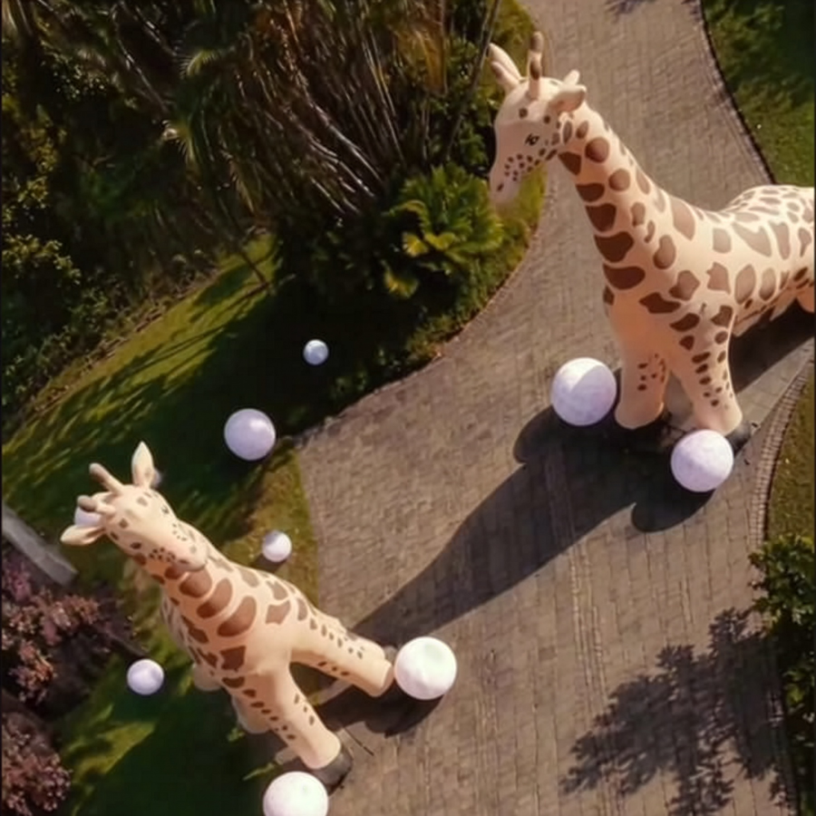 Girafas de 6 metros na recepção da festa da Zuri no Lajedo, decoração de Andrea Guimaraes